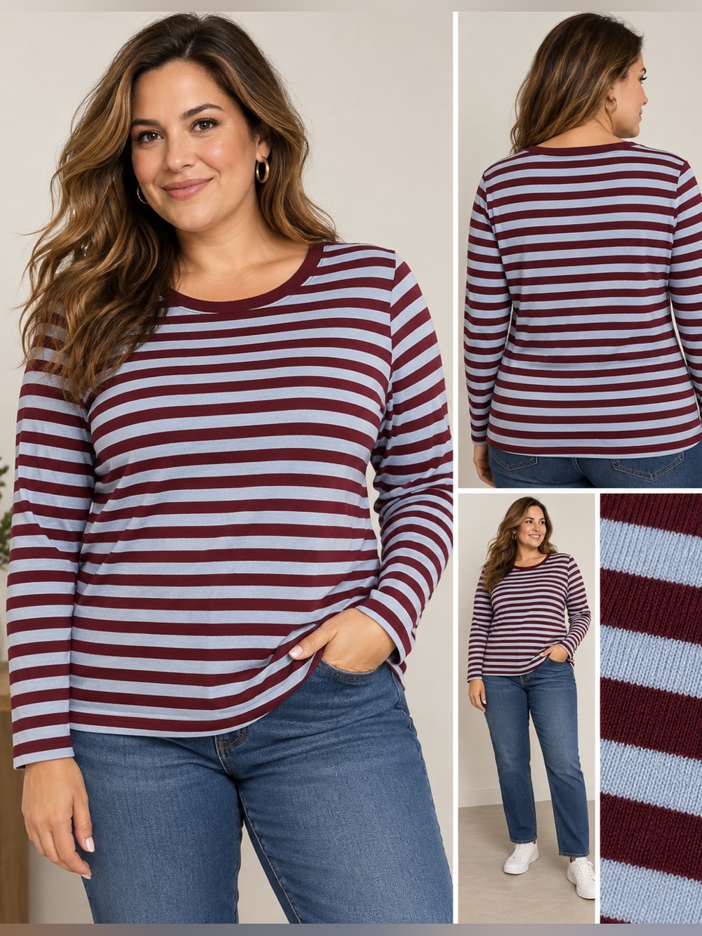 Lands' End Striped Long-Sleeve Scoop Neck Tee - Burgundy & Light Blue